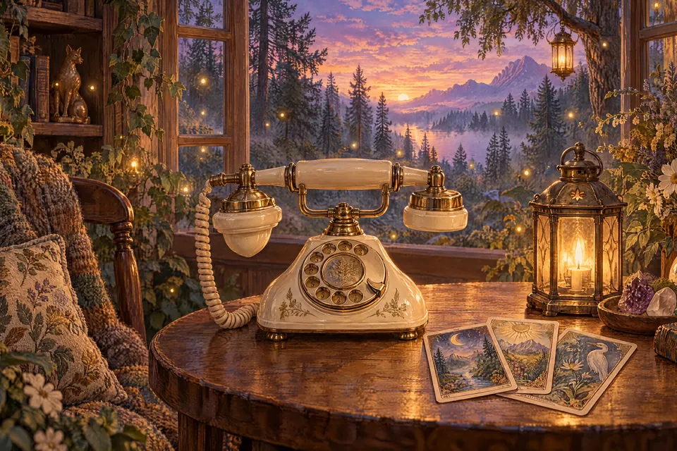 un telefono d'epoca sul tavolo accanto alle carte, con una lanterna accesa